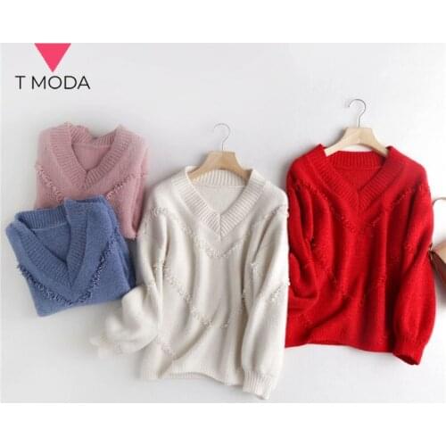 T MODA 2021 Winter Autumn Women Warm Soft V-neck Sweaters Female Casual Tops Lady Solid Knitted Loose Oversize Pullovers Jumpers