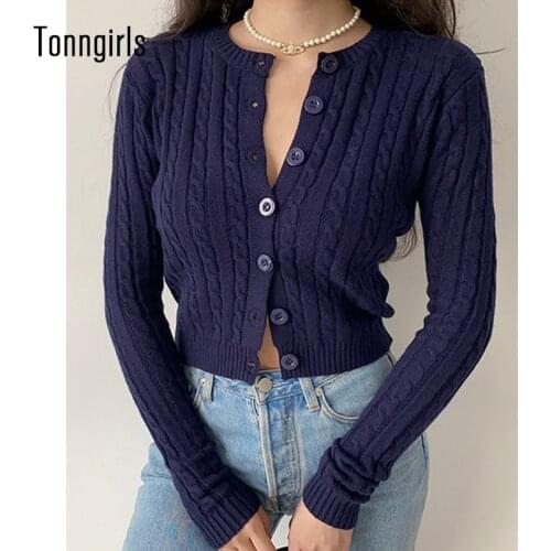 Tonngirls Vintage Cardigan Long Sleeve Slim Knitted Black Cardigan V Neck Solid White Cropped Cardigan Streetwear Sweater Female