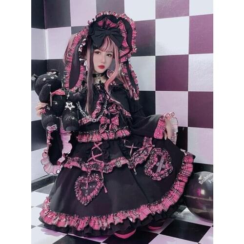 Japanese Harajuku Girls Black Pink Plaid Pleated Skirt Autumn Punk Sweet Fashion Kawaii Lolita Cake Mini Skirts Cosplay Suit New