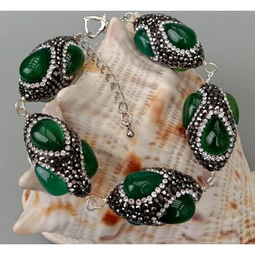 YYGEM Green Agate trimmed with Black Rhinestone Pave Rice Handmade wrap Bracelet 8.5" for women