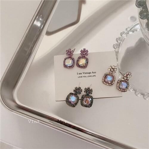 Origin Summer Korean 3 Designs Geometrical Flower Dangle Earring for Women Bling Bling Rhinestones Earring Jewelry Pendientes