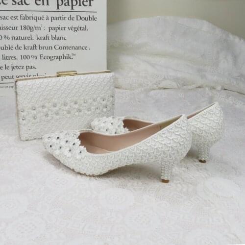 BaoYaFang 5cm Thin Heel Pointed Toe shoes woman Pearl white flower wedding shoes and bags Pointed Toe Ladies Party dress shoe