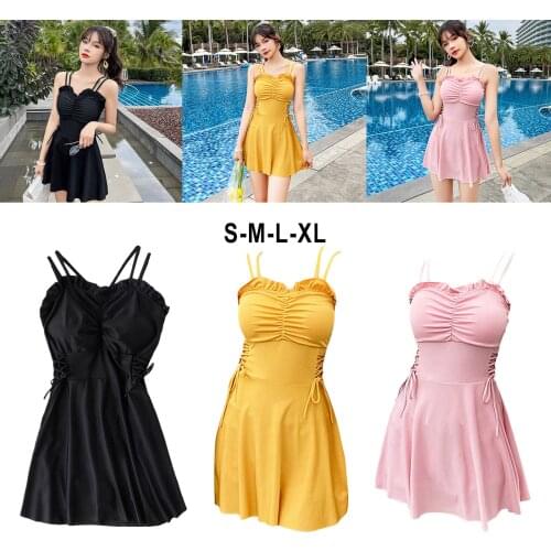 Women Swimsuits Solid V-Neck Push Up Swim Skirt One-piece Beach Bathing Suit Tummy Control Swimwear Swimming Pool Beachwear