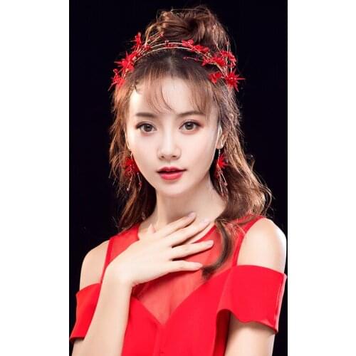 Red Flower Hair Jewelry Vintage Crystal Pearl Headbands Earrings Sets Yarn Handmade Hairband Headdress Wedding Bridal Ornaments