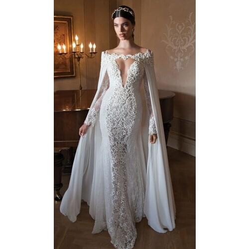 Vestido de noiva sereia 2018 Vintage Lace Beaded Floor Length Mermaid Long Sleeve Bridal gown Wrap mother of the bride dresses