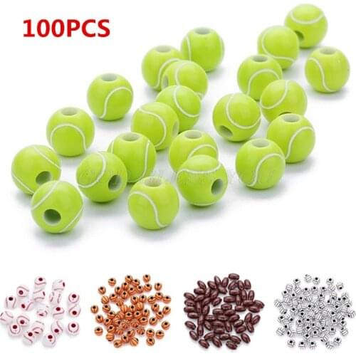 100 Pcs Acrylic Tennis Ball Baseball Rugby Football Basketball Round Beads 12mm Sports Pony Ball Spacer Beads DIY Jewelry Making