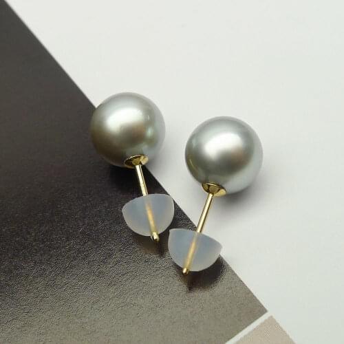 18k Yellow Gold Round Silver Gray Tahitian Cultured Pearl Stud Earrings 9-9.5mm