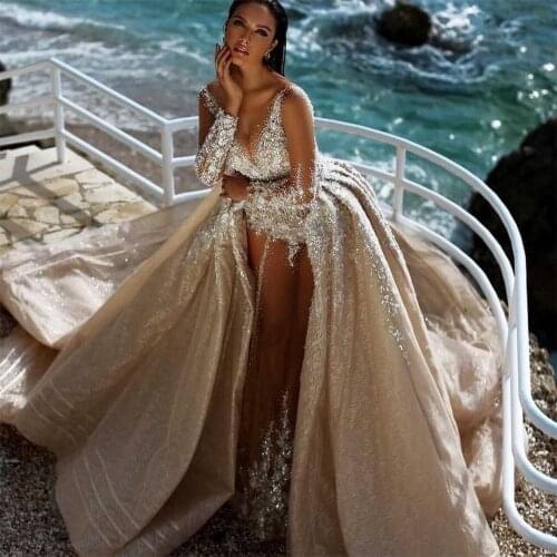 Champagne 2 Pcs Wedding Dress with Detachable Train Sheer Long Sleeve Bridal Gowns Custom Made Lace Beading Wedding Dress