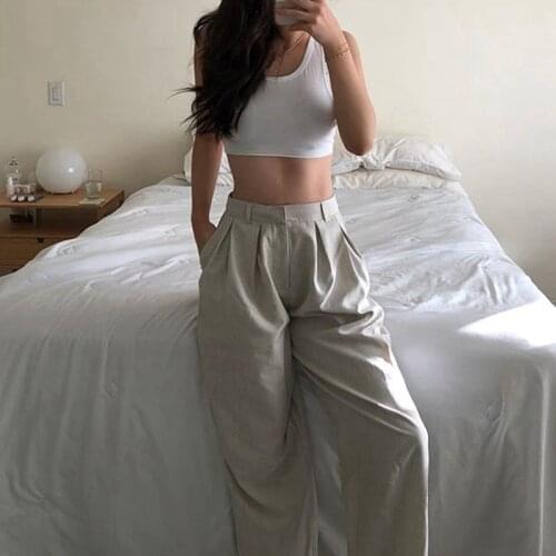 MODX Autumn Solid Color Wild Straight Wide Leg Pants Female Fashion Casual Mid Waist Cotton Long Suit Pants Retro Streetwear