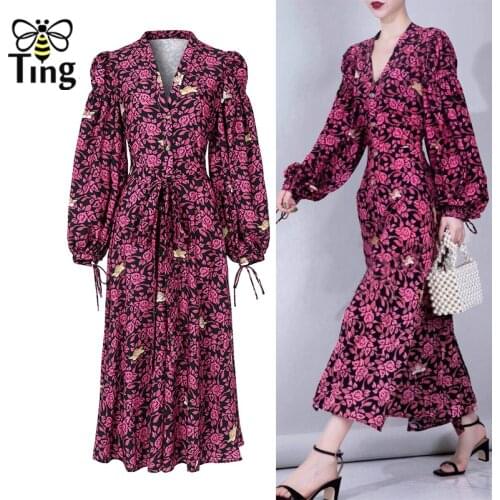 Tingfly Runway Designer Floral Print Midi Long Party Dinner Dresses V Open Button Angle Purple Boho Dress Casual Zaful Dress