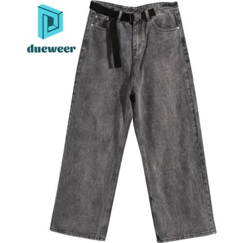 DUEWEER Mens Straight Jeans Spring Autumn Baggy Wide Leg Trousers Streetwear Men Office Distressed Harajuku Denim Pants Belt