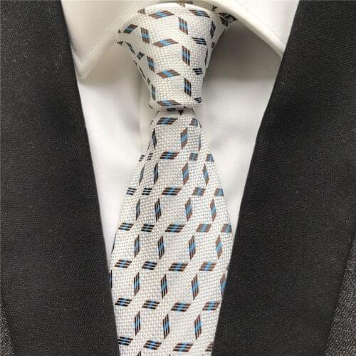 10 cm Width New Design Mens Ties Jacquard Woven Neck Tie White with Blue Brown Plaids Neckties