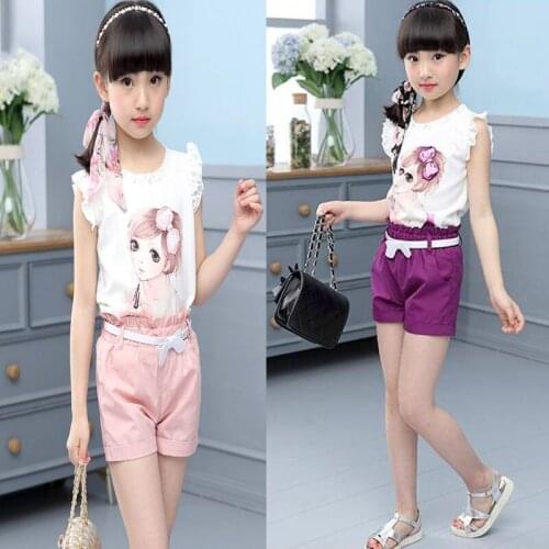 Girls clothes breathable lace top + beach shorts + belt three-piece cartoon print 3-9year old children fashion Quality clothing