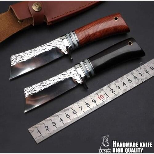 LCM66 Handmade forged hunting knife Samurai outdoor knife 59-60HRC fixed knife ebony handle with Leather sheath