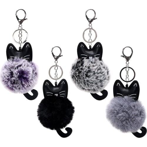 LEEPEE Fluffy Jewelry Faux Fur Keychain PU Leather Cat Head Doll Key Chain For Girls Woman Auto Accessories Car Keyring