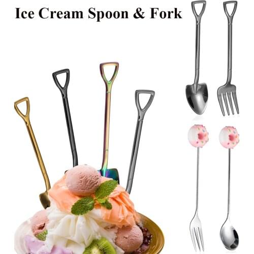 Shovel Shape Spoon Fork Stainless Steel Soup Coffee Ice Cream Tool Doughnut Dessert Multi-color Long Handle Kitchen Flatware