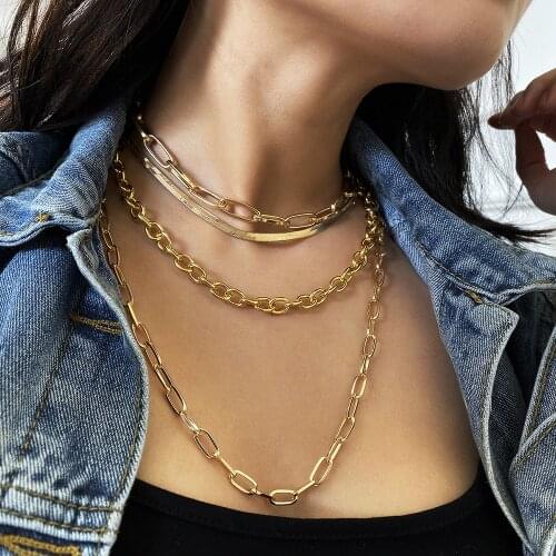 Multi-layer Herringbone Choker Necklace for Women Gold Color Chunky Paper Clip Snake Chain Necklaces Trendy Charm Jewelry