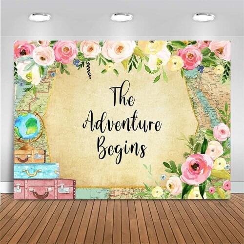 Mocsicka Adventure Begins Backdrop Globe World Map Adventure Party Custom Photo Background Newborn Baby Shower Backdrops Flowers
