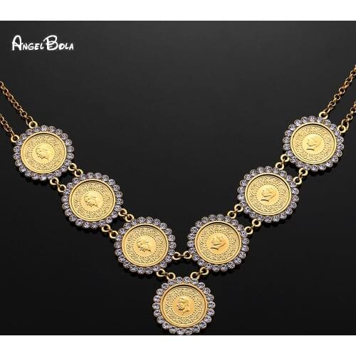 Fashion New Arab Gold Coin Women Crystal Muslim Islamic Necklace Luxury Jewelry Middle East Coin Wedding Gift Lucky Necklace