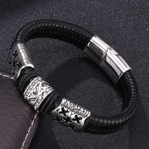 Fashion Jewelry Stainless Steel Men Charms Bracelet Black Braided Leather with Magnet Buckle Bracelets Wrist Band Gifts PD0089