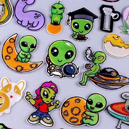 Diy Alien/Spaceship Animal Patch Iron On Patches On Clothescute Frog/Dogembroidered Patches For Clothing Stripe Applique Sticke