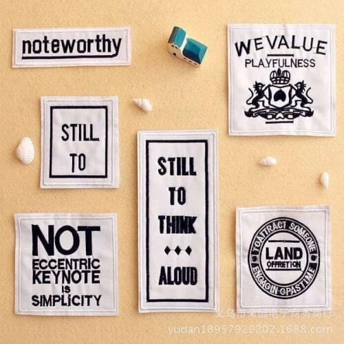 50pcs/lot Embroidery Patches Letters Black White Motto Clothing Decoration Accessories Diy Iron Heat Transfer Applique