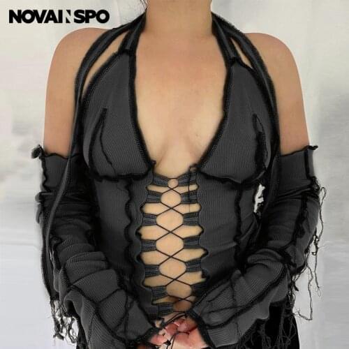 NOVAINSPO Lace Up Sexy Ribbed Halter Cropped Top For Women With Sleeve Backless Baddie Clothes Bandage Night Clubwear Crop Tops