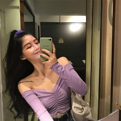 Sexy one-line neck top women folds short off-the-shoulder top long sleeve slim stretch ins womens clothing