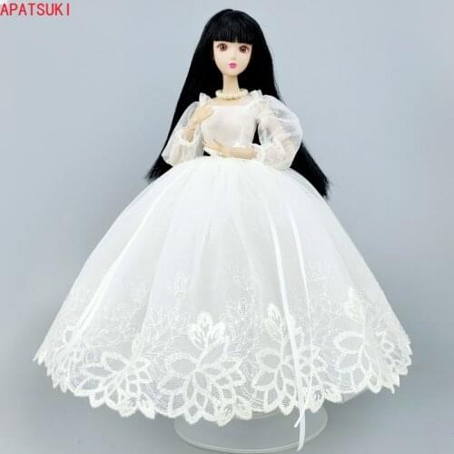 Pure White Handmade Princess Dress For Barbie Doll Outfits Clothes 1/6 Dolls Accessories Puff Sleeve Long Bowknot Gown Kid Toys