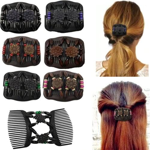 Professional Wooden Hair Comb Ladies Magic Beads Elasticity Double Clip Bead string Clamp Stretchy Hair Combs Accessories