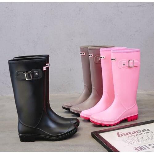 New Fashion Rainboots Women Knee-High Water Boots Buckle Long Tube High-grade Waterproof Shoes Woman Rubber PVC Rain Boots 2021