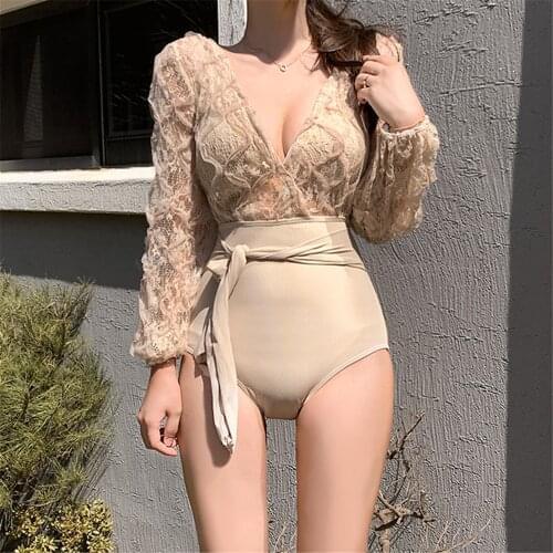 Sexy Lace One Piece Swimsuit Women Solid Swimwear Long Sleeve Monokini Push Up Swim Suit Korea Style Bathing Suit Pads Belt Mesh