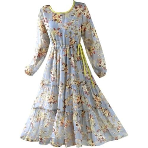 Floral Print Silk Dress Women Elegant Lining Vestido Festa Vacation Sashes Ukraine Long Sleeve Luxurious Robe Pull