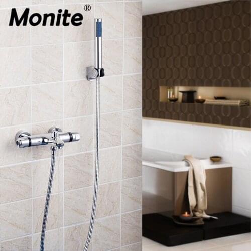 Monite Chrome Polish Thermostatic Faucets Wall Mounted Shower Mixer Taps Rainfall Shower Faucet Set With Hand Spray