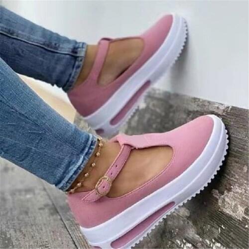 Spring Retro Round Head Loafers for Women Low Upper Wedge Heel Shoes Buckle Design d88