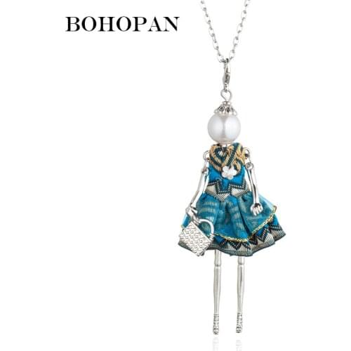 Pearl Doll Pendant Necklace Women embroidery Flower Dress Silver Color Alloy Figure Necklaces Fashion Jewelry Long Chain Collier