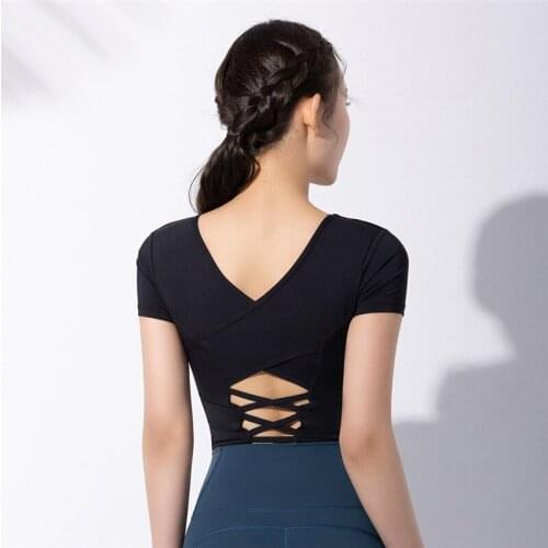 Dry Quick 2021 New Back Cross Hollow Yoga Shirt Women Short Sleeve Sport Crop Tops Gym Running Workout T Shirt With Pad