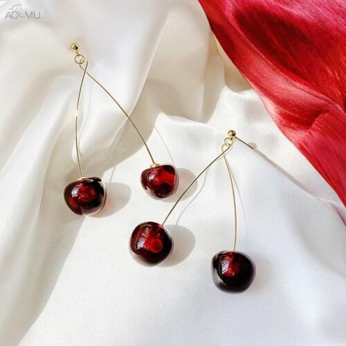 AOMU New Fashion Red Cherry Drop Earring Sweet Fruit Long Crystal Earrings for Women Lady Gift Jewelry Tassel Dangle Accessories