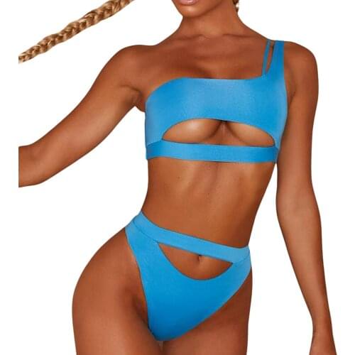 Women Split Swimsuit Set, Solid Color Hollow Out Low-cut Padded Bikini + High Waist Panties for Summer