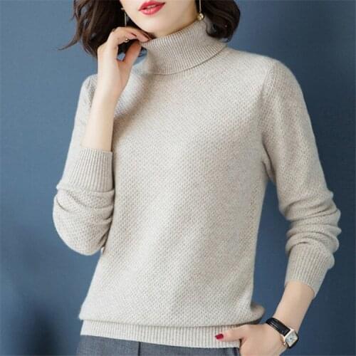 Pure goat cashmere knit women fashion high neck pullover sweater solid color M-XL retail wholesale