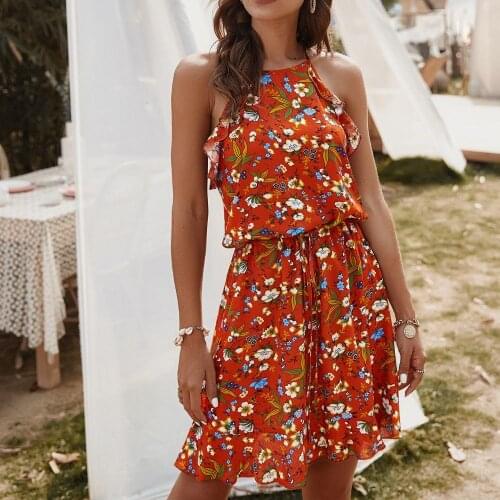 2021 New Women Summer Spaghetti Strap Dress Boho Floral Print Halter Sleeveless Ruffles Dress Casual Mini Holiday Beach Vestidos