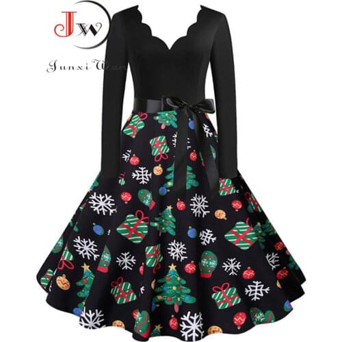 Women Christmas Dress Winter Long Sleeve Sexy V Neck Elegant Print Vintage Party New Year Sundress Robe Pull Femme Plus Size