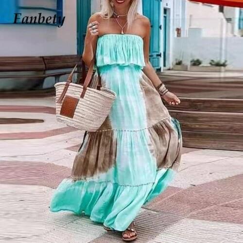 Women Elegant Vintage Tie-Dye Strapless Long Dress 2021 Summer Sexy Off Shoulder Ruffle Beach Dresses Ladies Casual Loose Dress