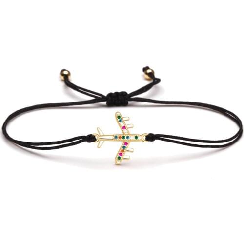 Shiny Multicolor Cubic Zirconia Airplane Charm Bracelet Women Girl Pretty Cute Plane CZ Stone Red Black String Jewelry Present