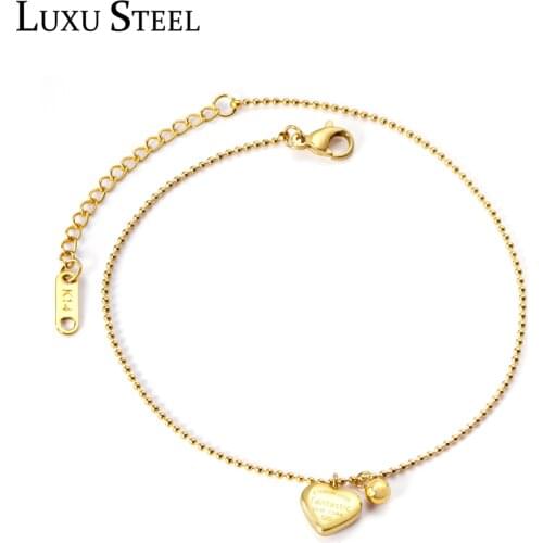 LUXUSTEEL Gold Color Heart Pendants Stainless Steel Round Beaded Chain Anklets Wholesale Trendy Style Leg Anklets Wholesale