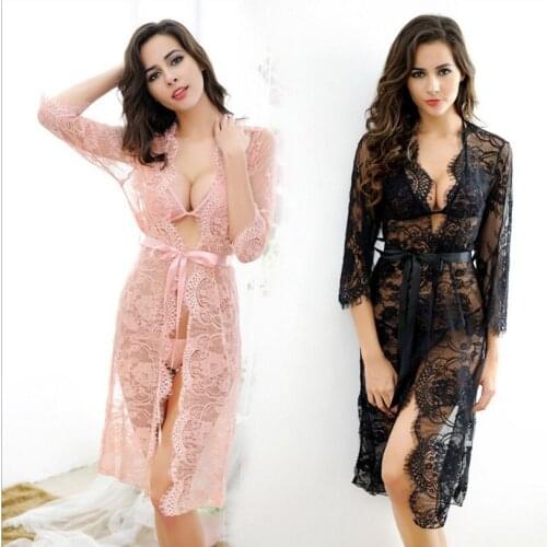 Bridesmaid Robes Women Lingerie Lobe Sexy Lace Robes with Bra Set See Though Long Bathrobe Femme Gown Pajamas Sleep Wear Ladies