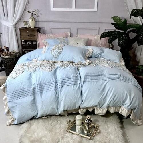 Pink Lotus leaf edge Edge Floral Duvet cover set Princess style Bedding Soft silk King Queen 4pcs size Bed sheet set