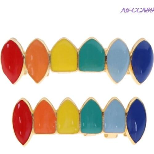 Colorful Hip Hop Gold Teeth Grillz Top & Bottom Grills Dental Mouth Teeth Caps Cosplay Party Tooth Rapper Jewelry Gift