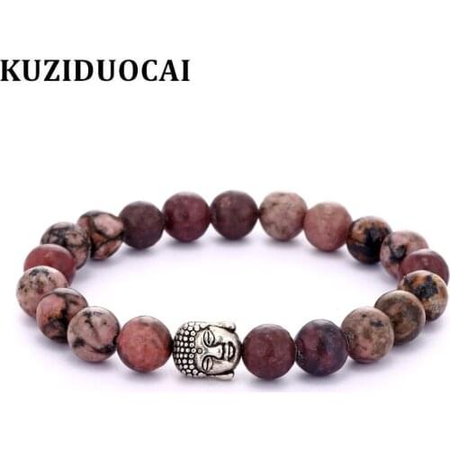 Kuziduocai New Fashion Jewelry Natural Garnet Beaded Elasticity Ancient Silver Color Buddha Bracelets & Bangles Women Pulseiras