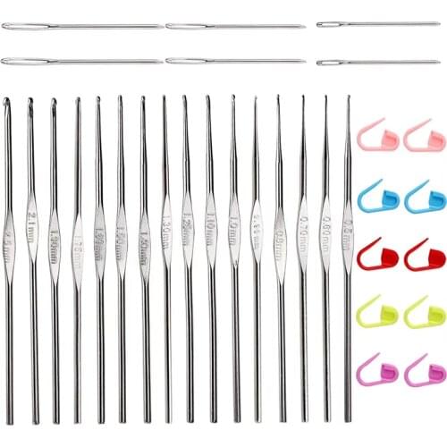KAOBUY 16PCS Aluminum Crochet Hooks Set + 6pcs Large-Eye Blunt Needles + 10pcs Stitch Markers Perfect For Lacework